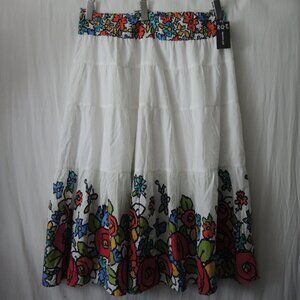 Floral Tiered Peasant Skirt White w/ Bold Colors Lined Prairie Skirt Size XL